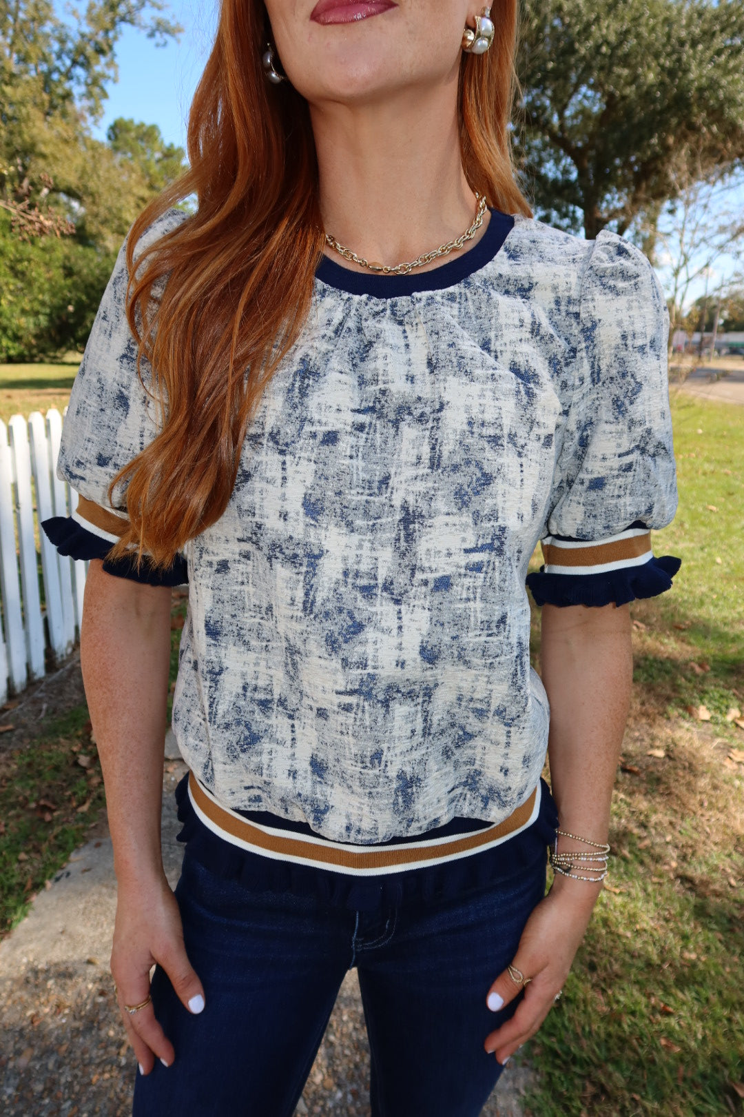 Taupe Stripe Ruffle Elastic Detailed Top