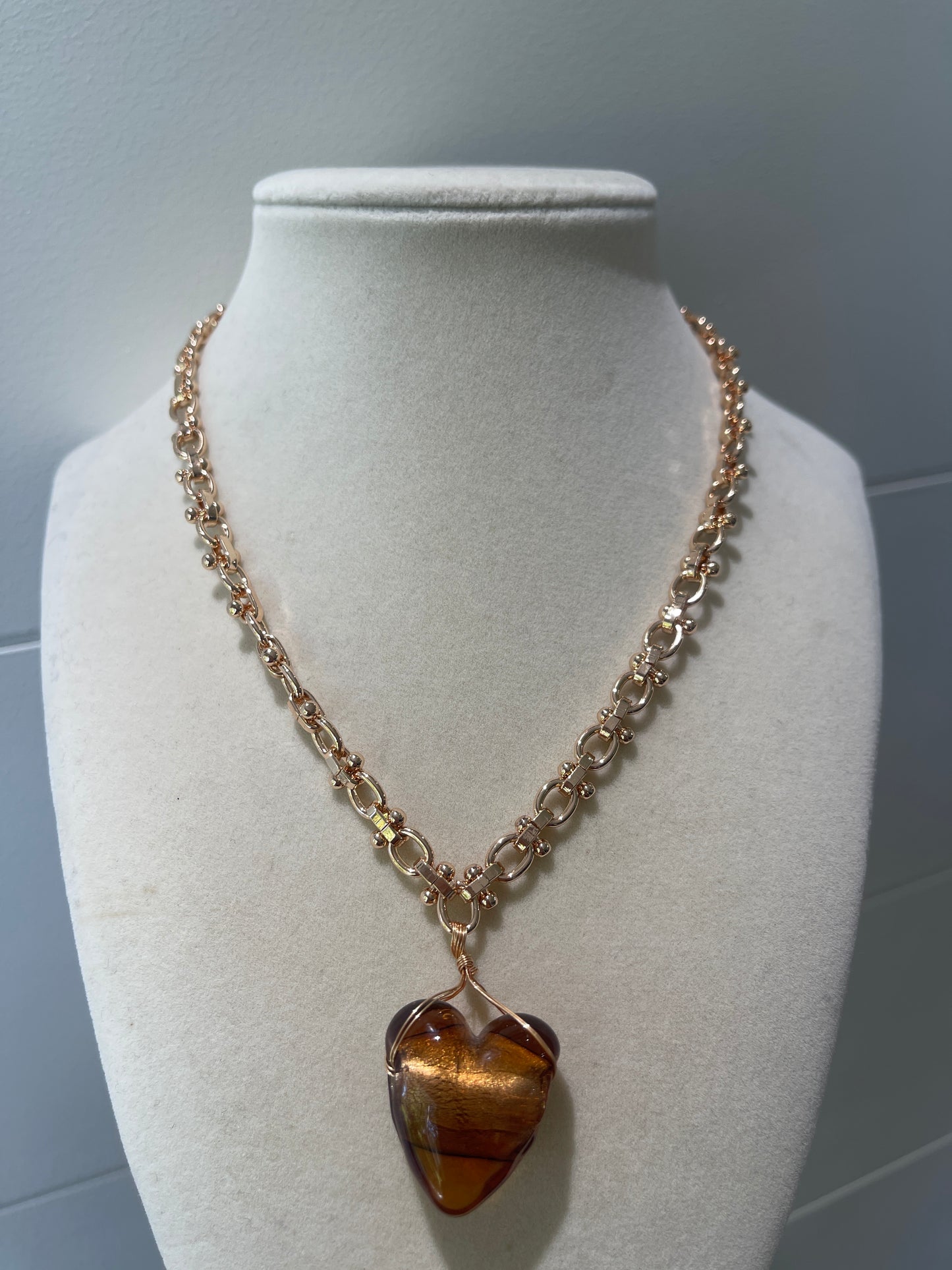 Gold Chain Brown Acrylic Heart Necklace