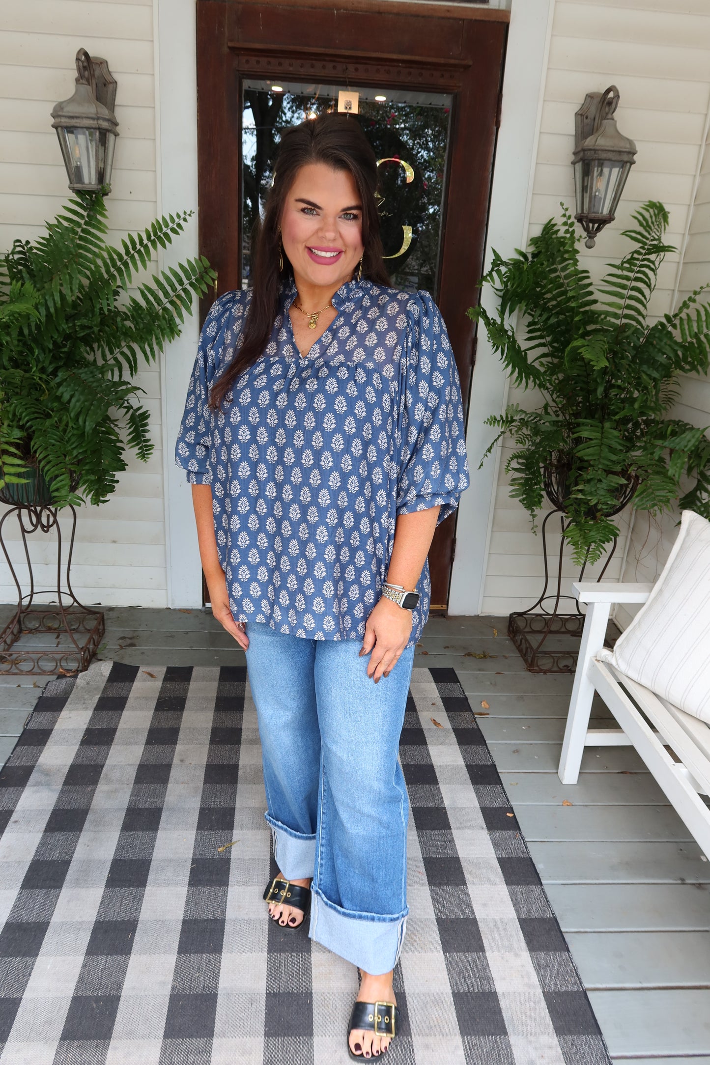 PLUS Split Neck Puff Sleeve Top