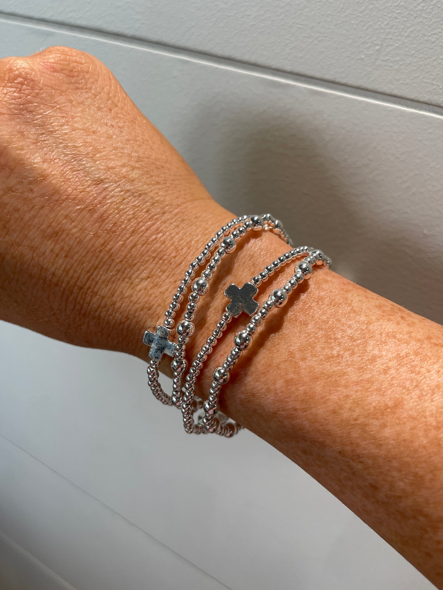 Silver Beaded and Cross Stretch Bracelets