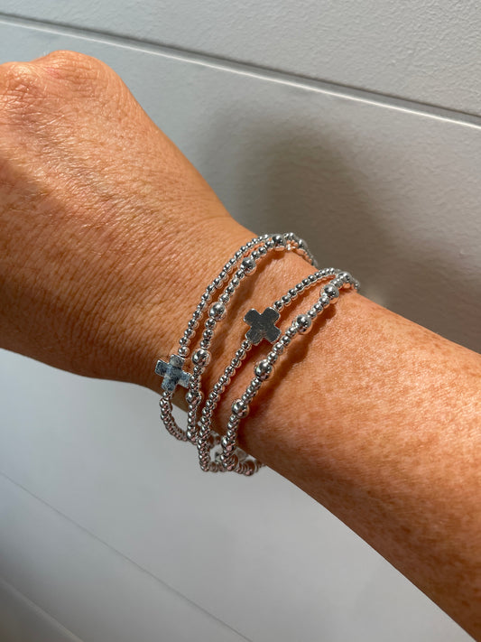 Silver Beaded and Cross Stretch Bracelets