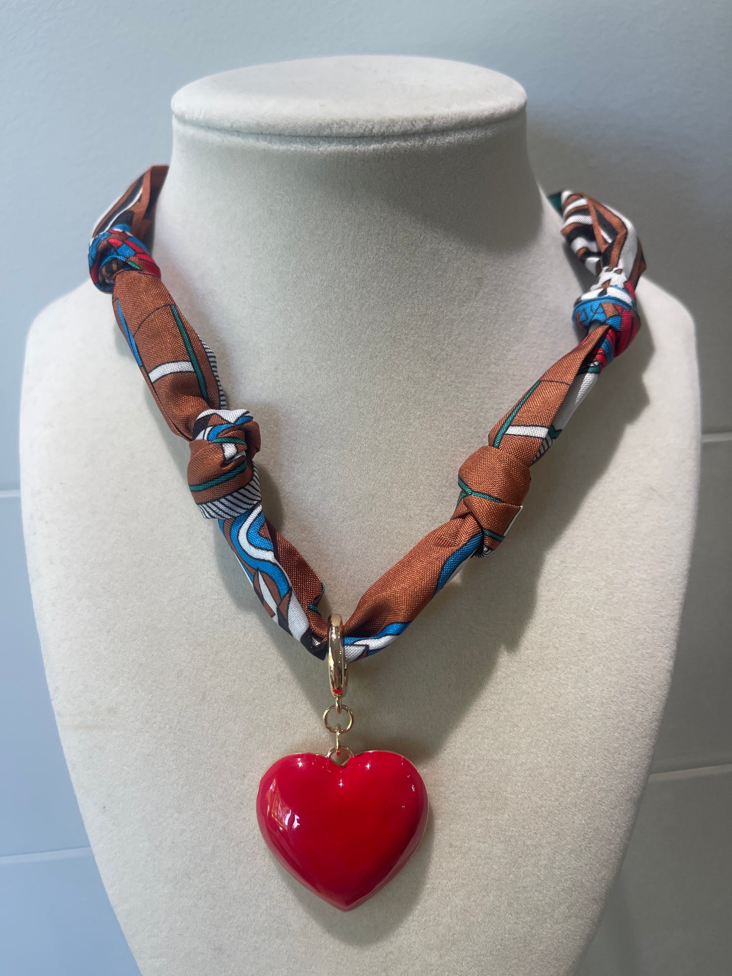 Rust Teal Mix Scarf Red Heart Charm Necklace