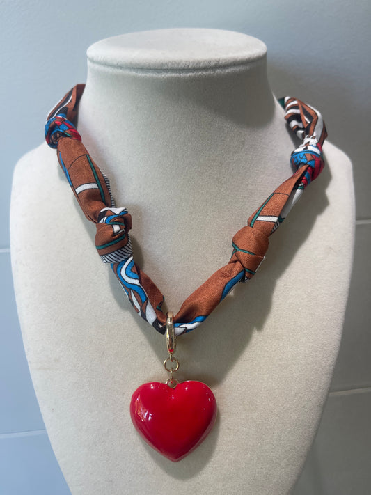 Rust Teal Mix Scarf Red Heart Charm Necklace