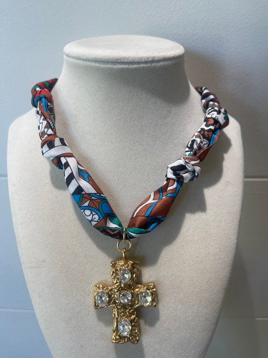 Rust Teal Mix Scarf Stone Cross Charm Necklace